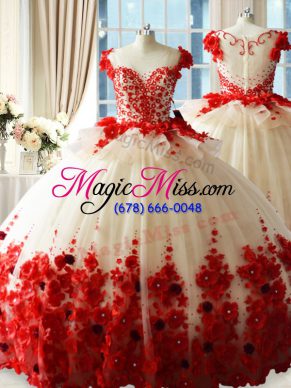 Free and Easy White And Red Tulle Zipper Scoop Sleeveless Quinceanera Gowns Brush Train Hand Made Flower