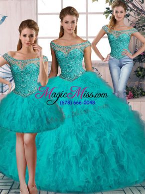 Most Popular Aqua Blue Quinceanera Gowns Sweet 16 and Quinceanera with Beading and Ruffles Off The Shoulder Sleeveless Brush Train Lace Up
