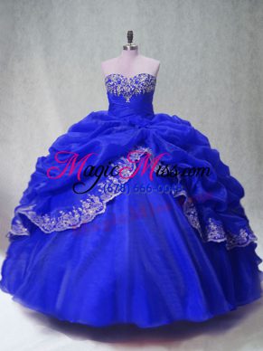 Floor Length Royal Blue 15 Quinceanera Dress Organza Sleeveless Beading and Appliques and Pick Ups