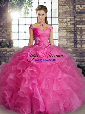 Wonderful Floor Length Lace Up Quinceanera Dress Rose Pink for Military Ball and Sweet 16 and Quinceanera with Beading and Ruffles