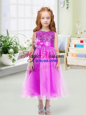 Lilac Organza Zipper Scoop Sleeveless Tea Length Toddler Flower Girl Dress Sequins and Hand Made Flower