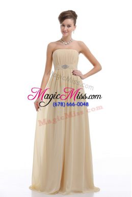 Ideal Strapless Sleeveless Dress for Prom Beading and Ruching Light Yellow Chiffon