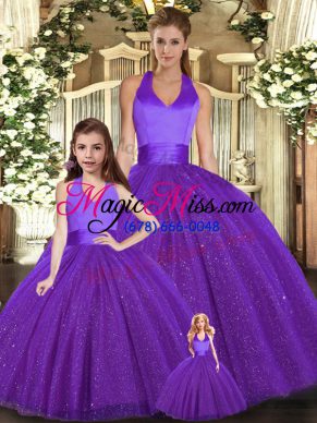 Ball Gowns Sweet 16 Dress Purple Halter Top Tulle Sleeveless Floor Length Lace Up