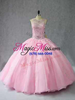 Fantastic Baby Pink Scoop Lace Up Beading Quinceanera Gown Sleeveless