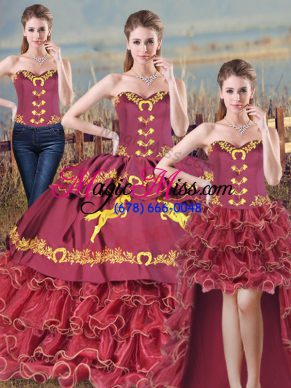 Charming Burgundy Satin and Organza Lace Up Sweetheart Sleeveless Quinceanera Gowns Brush Train Embroidery and Ruffles