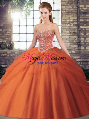 Custom Made Orange Red Tulle Lace Up Ball Gown Prom Dress Sleeveless Brush Train Beading and Pick Ups