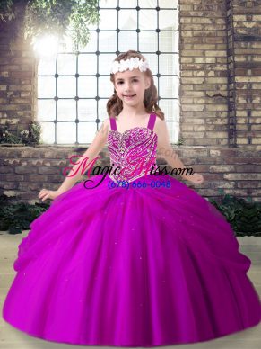 Low Price Fuchsia Sleeveless Floor Length Beading and Pick Ups Lace Up Kids Pageant Dress