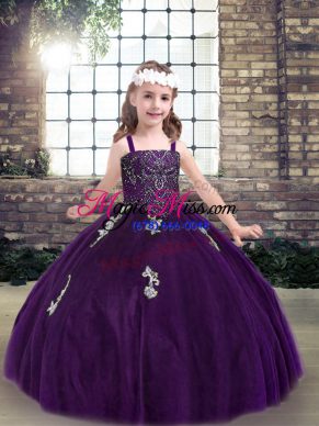 Fashionable Purple Ball Gowns Tulle Straps Sleeveless Appliques Floor Length Lace Up Little Girls Pageant Dress Wholesale