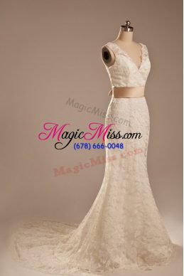 Discount White Column/Sheath V-neck Sleeveless Lace Brush Train Backless Lace and Belt Wedding Gowns