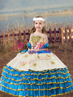 Baby Blue Straps Neckline Beading and Embroidery and Ruffled Layers Little Girls Pageant Gowns Sleeveless Lace Up