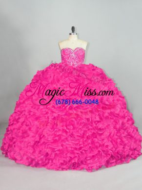 Hot Pink Sleeveless Organza Brush Train Lace Up Quinceanera Gowns for Sweet 16 and Quinceanera