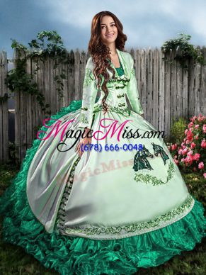 Turquoise Satin and Organza Lace Up Sweetheart Sleeveless Floor Length Ball Gown Prom Dress Embroidery and Ruffles