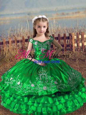 Cheap Green Ball Gowns Embroidery and Ruffled Layers Pageant Dress Wholesale Lace Up Satin and Organza Sleeveless Floor Length