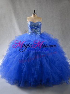 Royal Blue Ball Gowns Beading and Ruffles 15 Quinceanera Dress Lace Up Tulle Sleeveless Floor Length