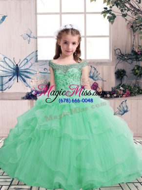 Excellent Apple Green Ball Gowns Beading Little Girls Pageant Gowns Lace Up Tulle Sleeveless Floor Length