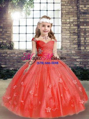 Coral Red Sleeveless Beading and Hand Made Flower Pageant Dress