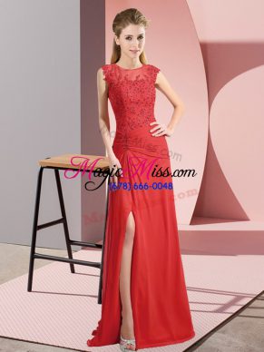 Decent Sleeveless Floor Length Beading Zipper Dress for Prom with Red