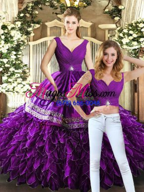 Exquisite Floor Length Purple 15 Quinceanera Dress V-neck Sleeveless Backless