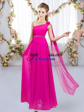 Floor Length Hot Pink Bridesmaid Dresses Chiffon Sleeveless Beading and Hand Made Flower