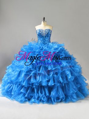 Best Floor Length Blue Quinceanera Gown Organza Sleeveless Beading and Ruffles and Sequins