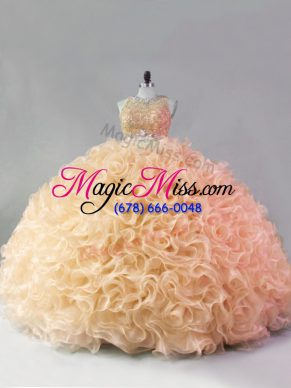 Eye-catching Gold Fabric With Rolling Flowers Zipper Scoop Sleeveless Floor Length Quince Ball Gowns Beading and Ruffles