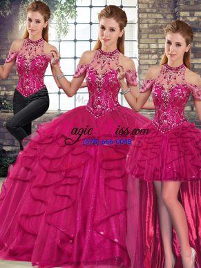 Wonderful Fuchsia Sleeveless Floor Length Beading and Ruffles Lace Up Quinceanera Gowns