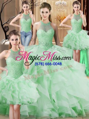 Traditional Apple Green Organza Lace Up Quinceanera Gowns Sleeveless Brush Train Beading and Ruffles