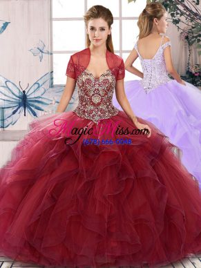 Burgundy Ball Gowns Off The Shoulder Sleeveless Tulle Floor Length Lace Up Beading and Ruffles Sweet 16 Dresses