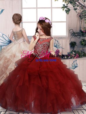 Scoop Sleeveless Lace Up Little Girl Pageant Gowns Red Organza
