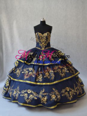 Navy Blue Ball Gowns Embroidery and Ruffled Layers Sweet 16 Dress Lace Up Organza Sleeveless Floor Length