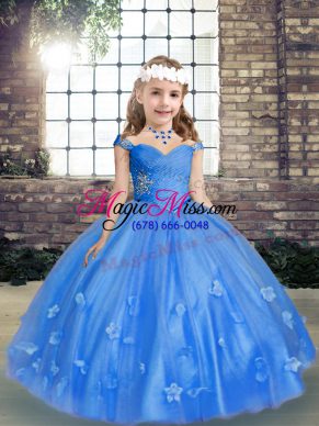 Sleeveless Floor Length Beading and Hand Made Flower Lace Up Girls Pageant Dresses with Blue