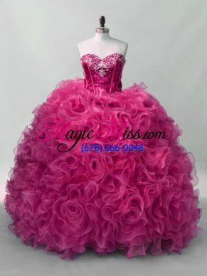 Top Selling Hot Pink Organza Lace Up Sweetheart Sleeveless Floor Length 15th Birthday Dress Ruffles and Sequins