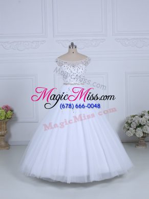 Modest White Ball Gowns Tulle Off The Shoulder Sleeveless Beading Lace Up Wedding Dress Court Train