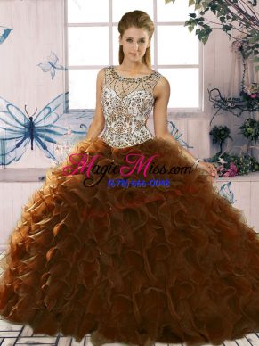 Fashionable Brown Ball Gowns Beading and Ruffles Quinceanera Gown Lace Up Organza Sleeveless Floor Length