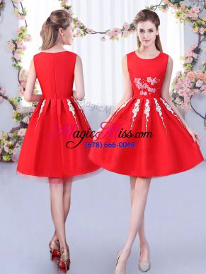 Ideal Red A-line Appliques Bridesmaid Dress Zipper Satin and Tulle Sleeveless Knee Length