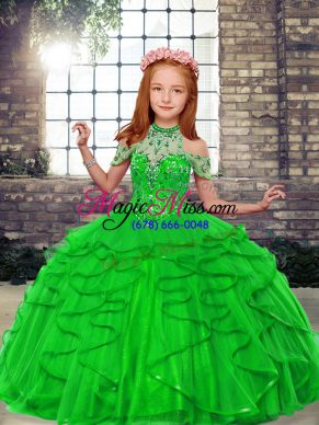 Dramatic Tulle Lace Up High-neck Sleeveless Floor Length Kids Pageant Dress Beading and Ruffles
