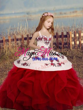 Hot Selling Wine Red Lace Up Child Pageant Dress Sleeveless Floor Length Embroidery and Ruffles