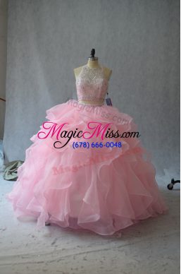 Custom Fit Pink Organza Backless Sweet 16 Dresses Sleeveless Beading and Ruffles