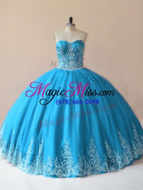 Sweetheart Sleeveless Quinceanera Dress Floor Length Embroidery Baby Blue Tulle