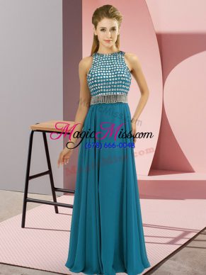 Fitting Sleeveless Chiffon Floor Length Side Zipper Prom Gown in Teal with Beading