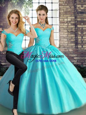 Luxury Aqua Blue Two Pieces Tulle Off The Shoulder Sleeveless Beading Floor Length Lace Up Vestidos de Quinceanera