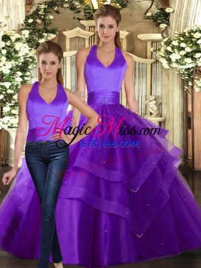 Beautiful Strapless Sleeveless Lace Up Sweet 16 Dress Purple Tulle