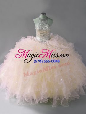 Custom Made Pink Halter Top Neckline Beading and Ruffles Quinceanera Gowns Sleeveless Lace Up