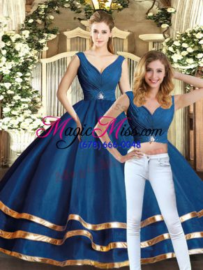 Beading and Ruffled Layers Sweet 16 Dress Navy Blue Backless Sleeveless Floor Length