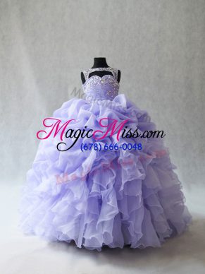 Organza Sleeveless Little Girl Pageant Gowns Brush Train and Beading and Ruffles and Pick Ups