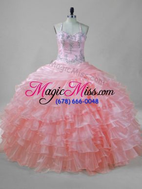 Pink Lace Up Halter Top Beading and Ruffled Layers Quinceanera Dress Organza Sleeveless
