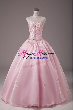 Baby Pink Organza Lace Up Strapless Sleeveless Floor Length 15th Birthday Dress Beading and Embroidery