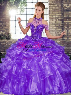 Purple Ball Gowns Organza Halter Top Sleeveless Beading and Ruffles Floor Length Lace Up 15th Birthday Dress