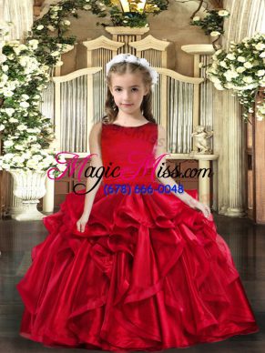 Red Lace Up Scoop Ruffles Custom Made Pageant Dress Organza Sleeveless