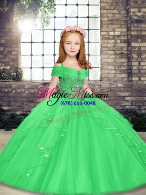 Fantastic Floor Length Green Pageant Dress Wholesale Tulle Sleeveless Beading